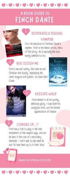 info graphic showing the books Finch is in: Desperately Seeking Vampire, You Sleigh Me, Axegate Walk, and a note about him occurring in future Dark Ones books.